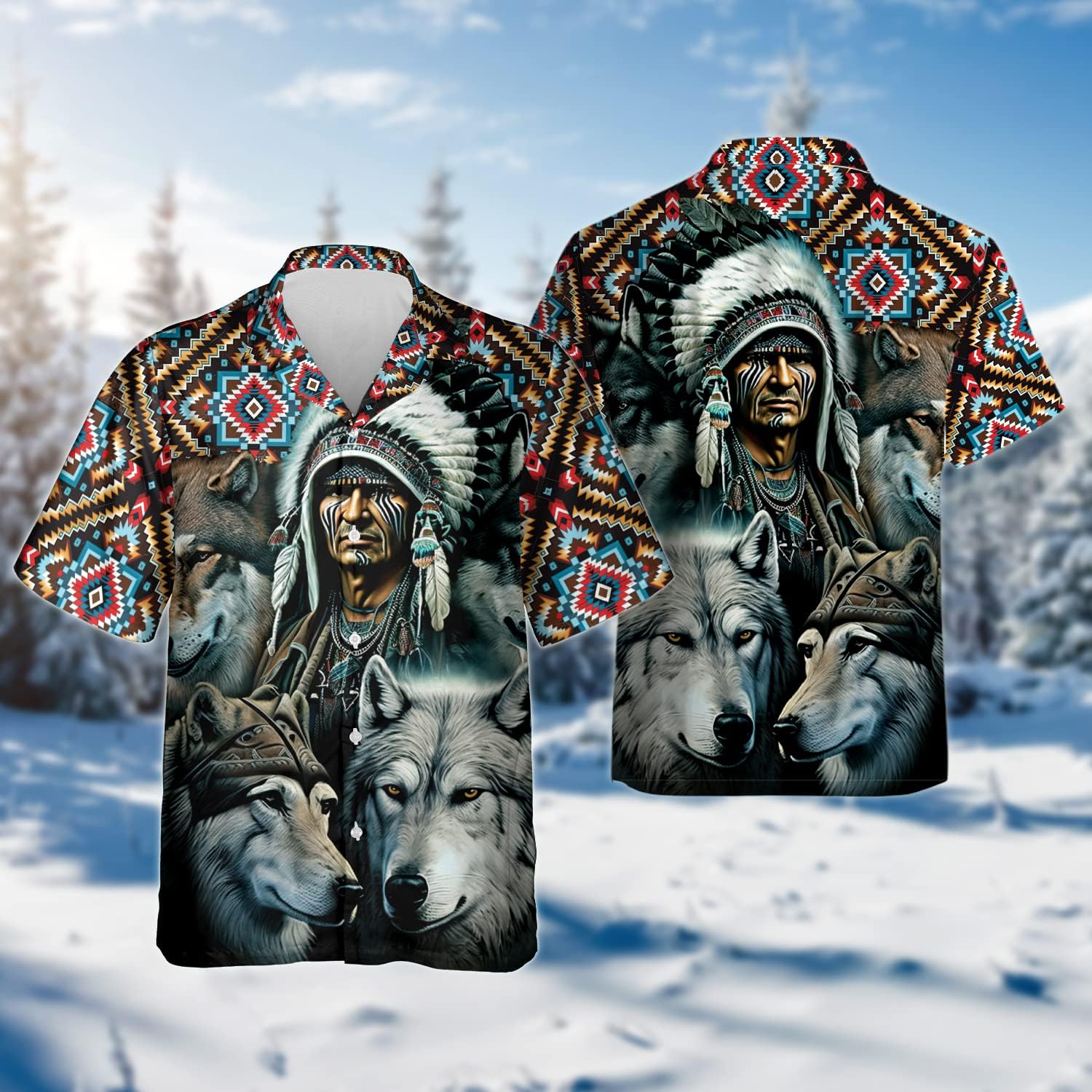 Native American Hawaiian Shirt for Mens - Wolves Summer Shirt, Button Down Shirt Short Sleeve LTM1152